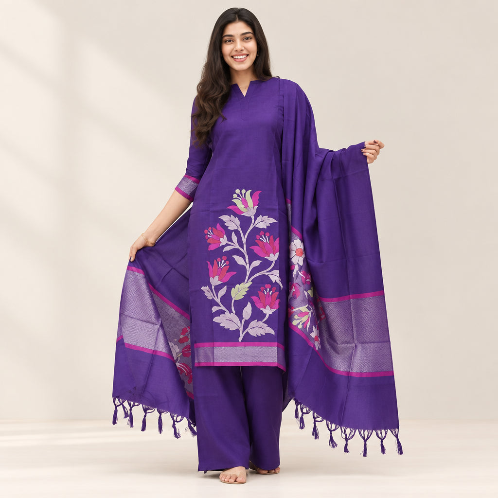Violet Floral Motif Kurti Set