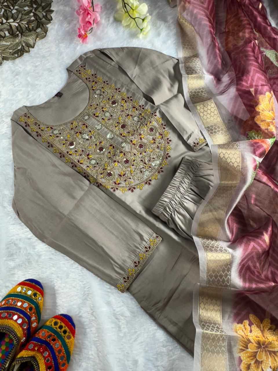Grey & Maroon Embroidered Kurti Set