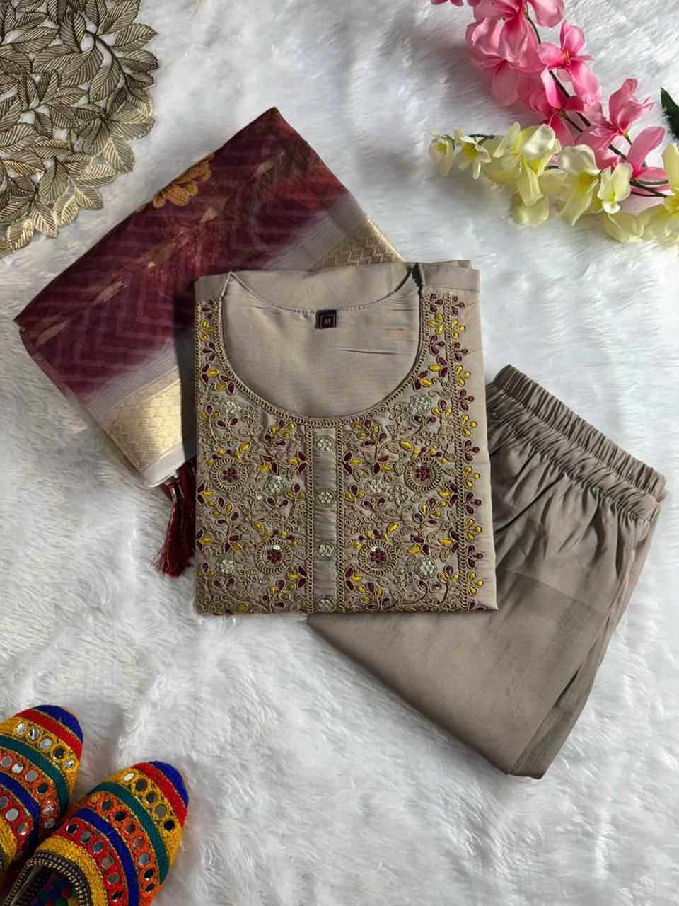 Grey & Maroon Embroidered Kurti Set