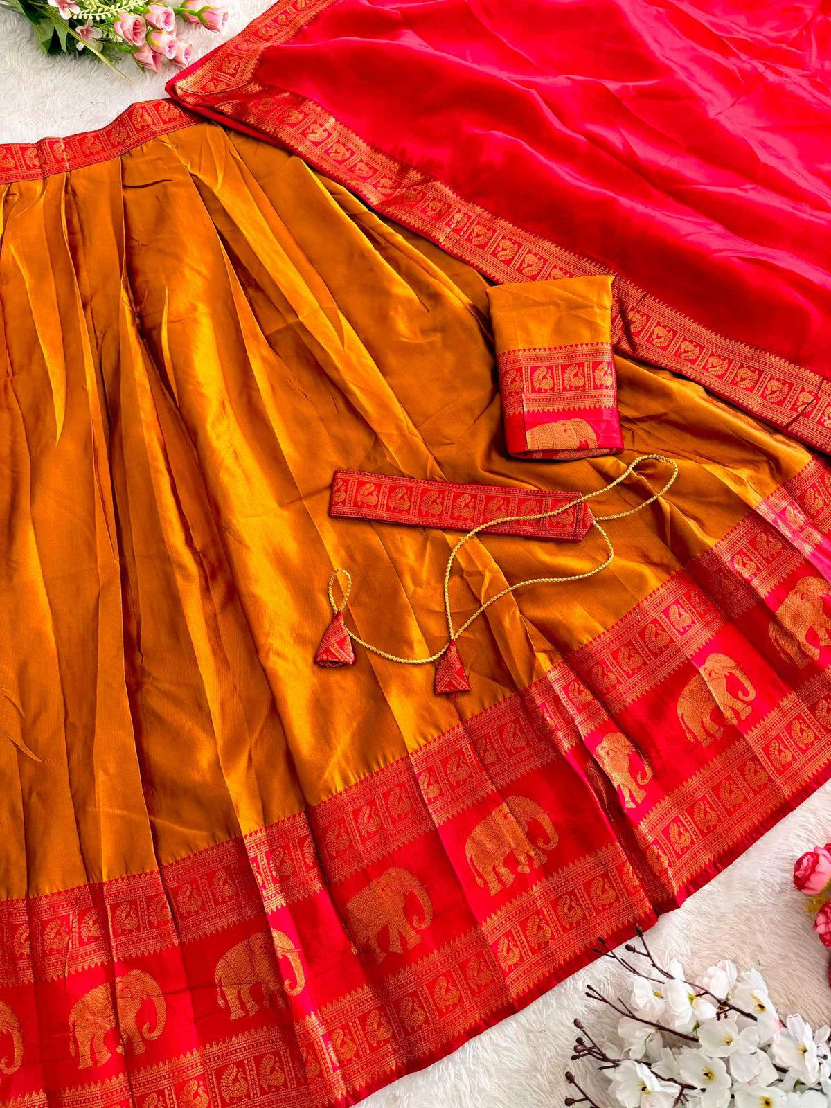 Mustard Yellow and Red Half saree