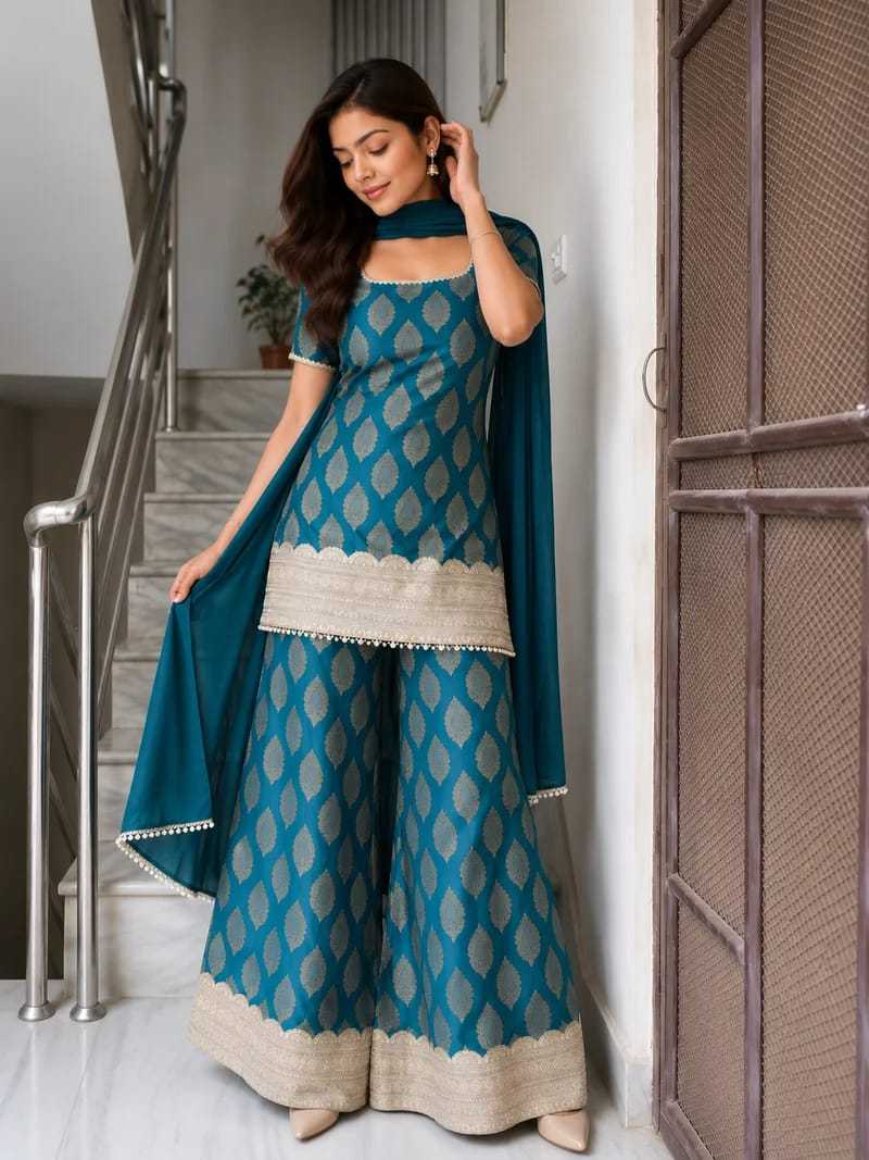 Teal short Kurti Palazzo Set with Dupatta