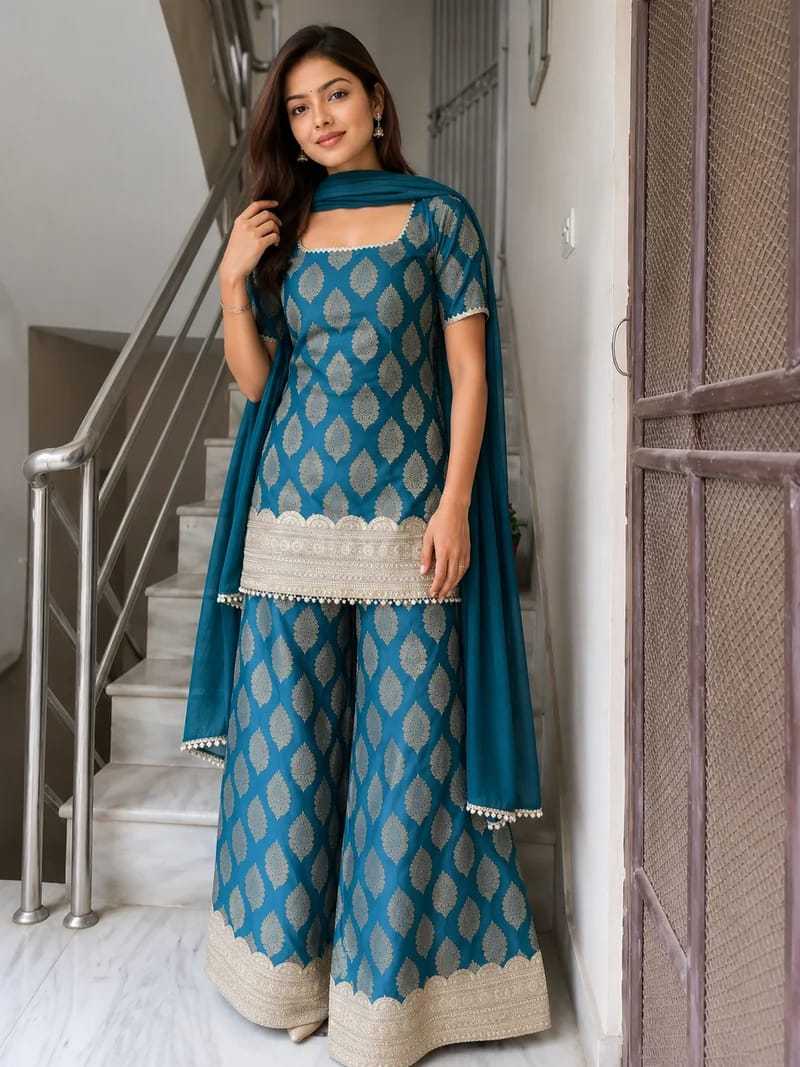 Teal short Kurti Palazzo Set with Dupatta
