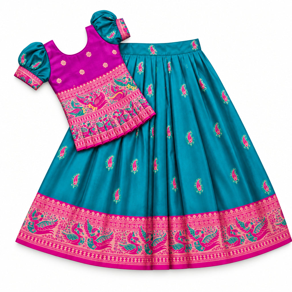 Kids Teal & Pink Silk Pattu lehenga and Blouse set