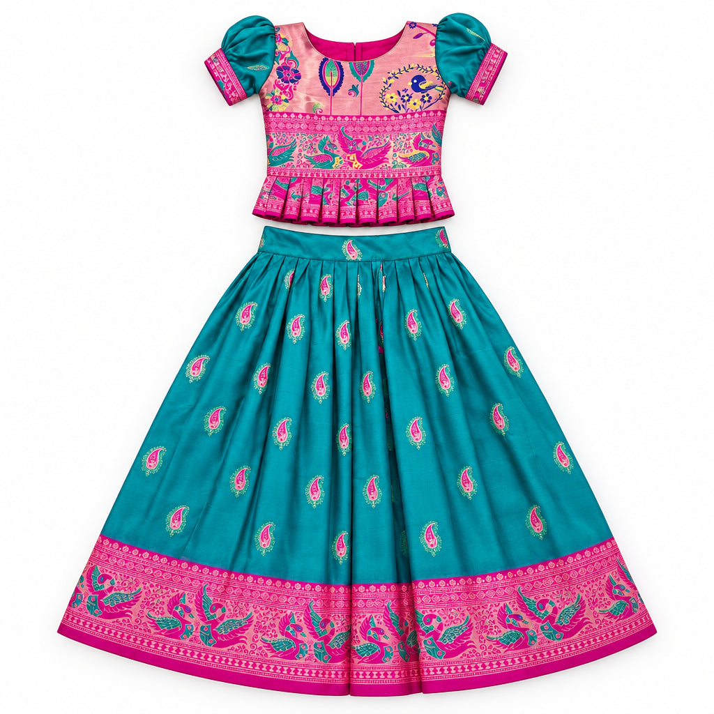 Kids Teal & Pink Silk Pattu lehenga and Blouse set