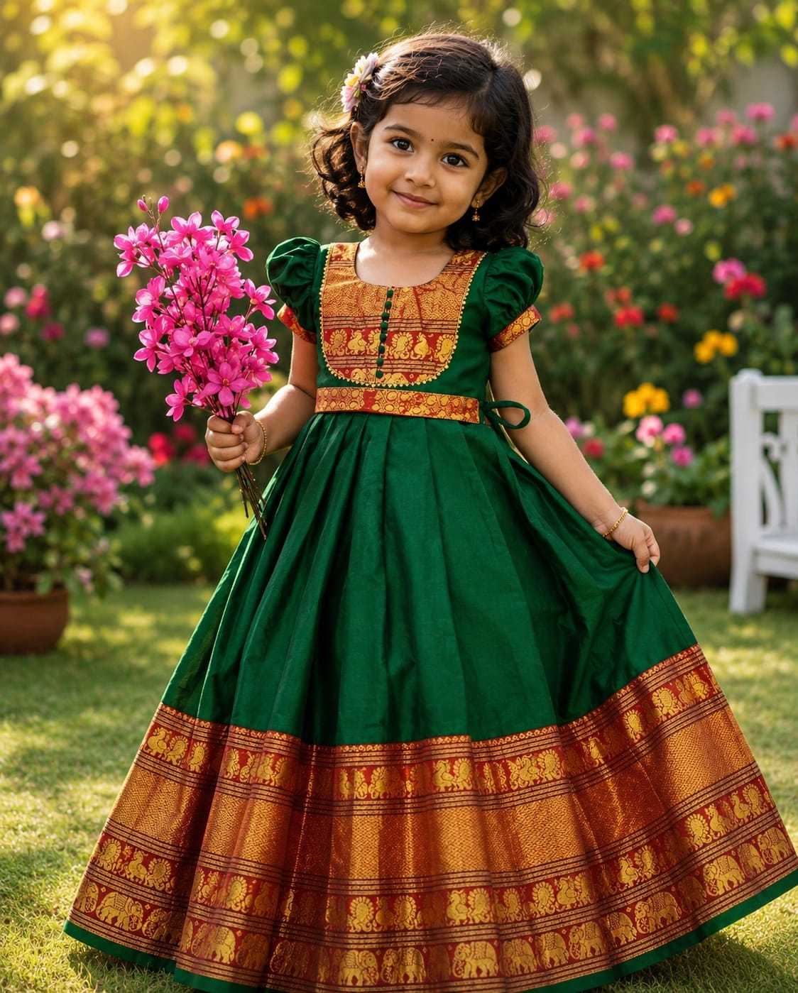 Kids Traditional Bottle Green Ethnic Frock