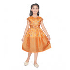 Young girl wearing a premium mustard yellow Banarasi silk frock with traditional woven zari borders, ideal for festive Indian celebrations