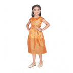 Young girl wearing a premium mustard yellow Banarasi silk frock with traditional woven zari borders, ideal for festive Indian celebrations