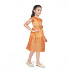 Young girl wearing a premium mustard yellow Banarasi silk frock with traditional woven zari borders, ideal for festive Indian celebrations