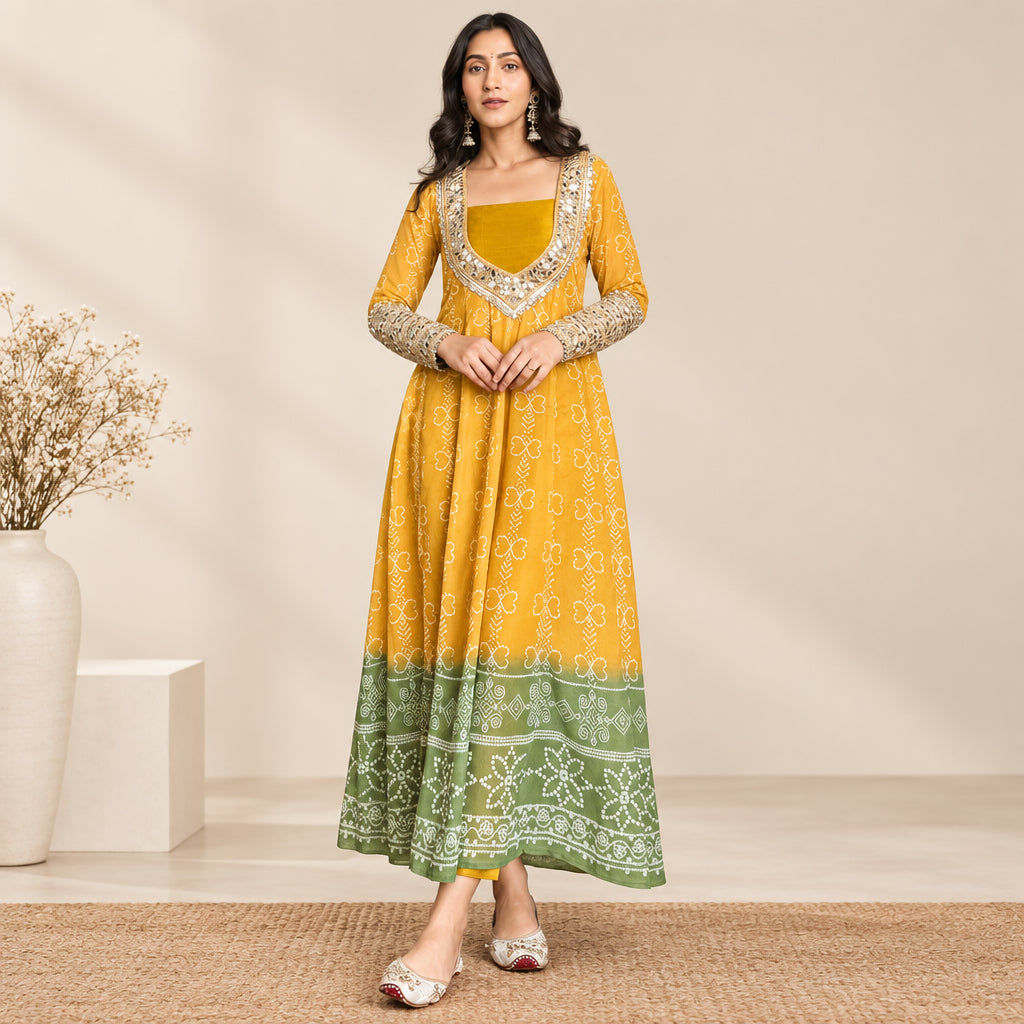 Mustard Yellow Bandhini and Mirrorwork Kurti Set
