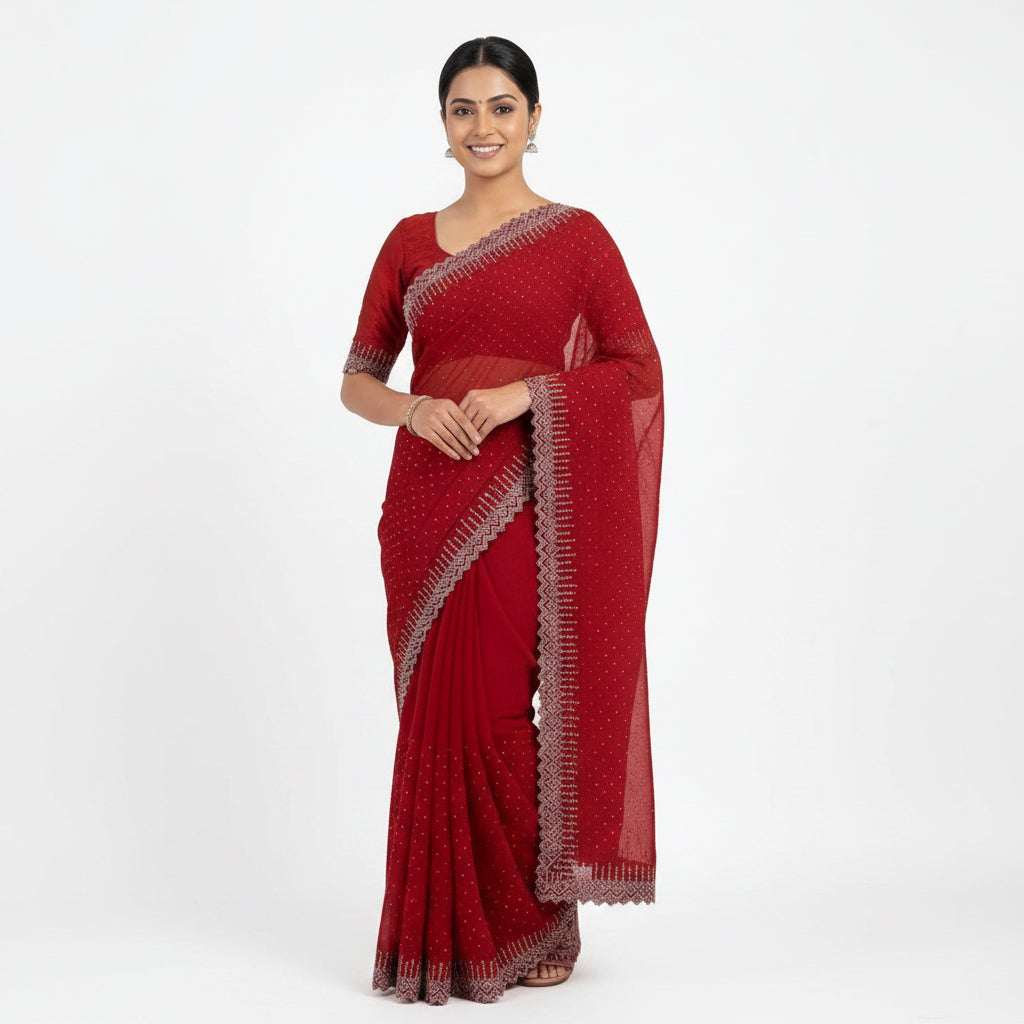 Vibrant Red Georgette Stone Work Saree
