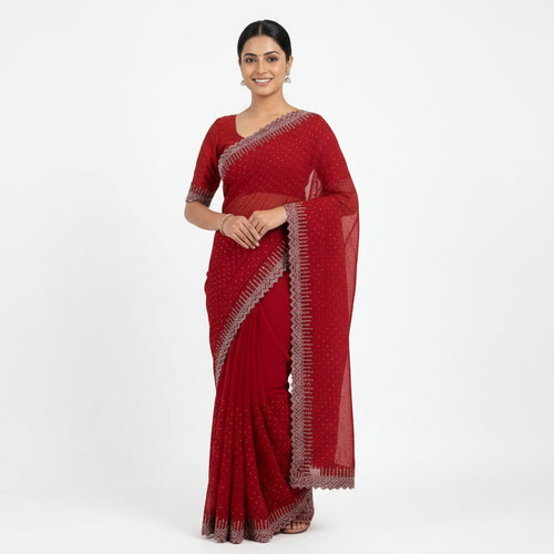 Vibrant Red Georgette Stone Work Saree