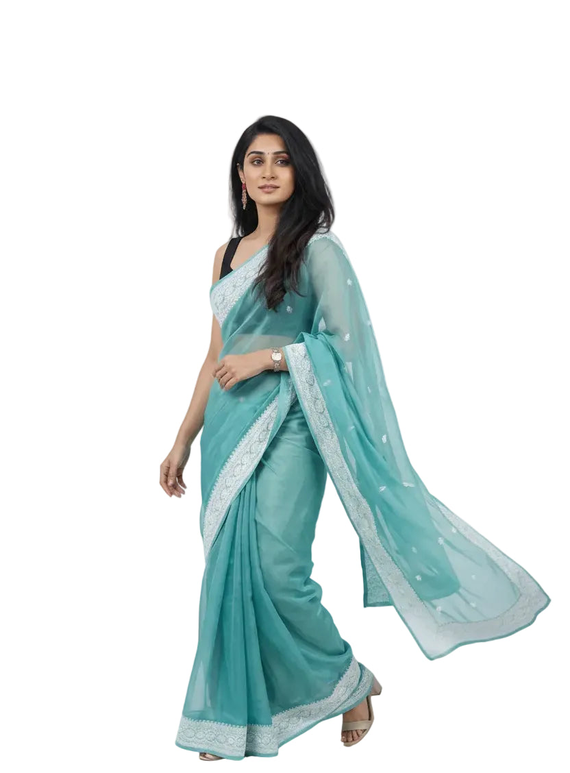 Seafoam Blue Soft Lichi Silk Saree