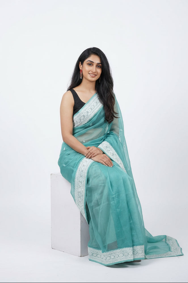 Seafoam Blue Soft Lichi Silk Saree