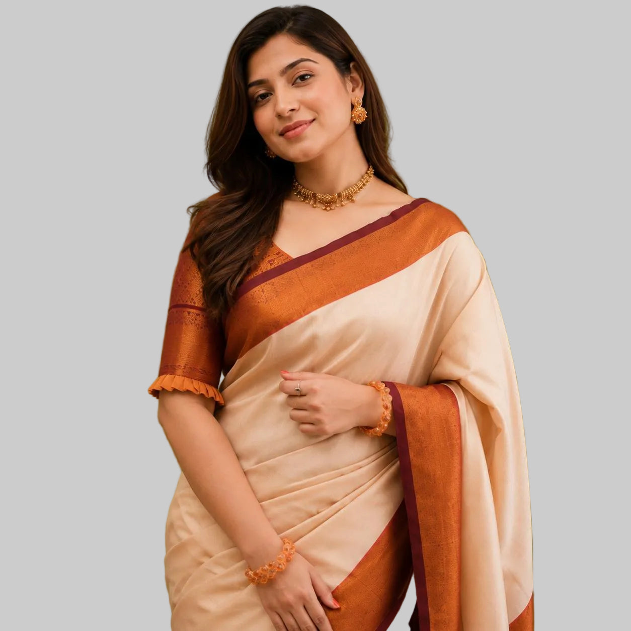 Cream & Rust Brown Silk Saree
