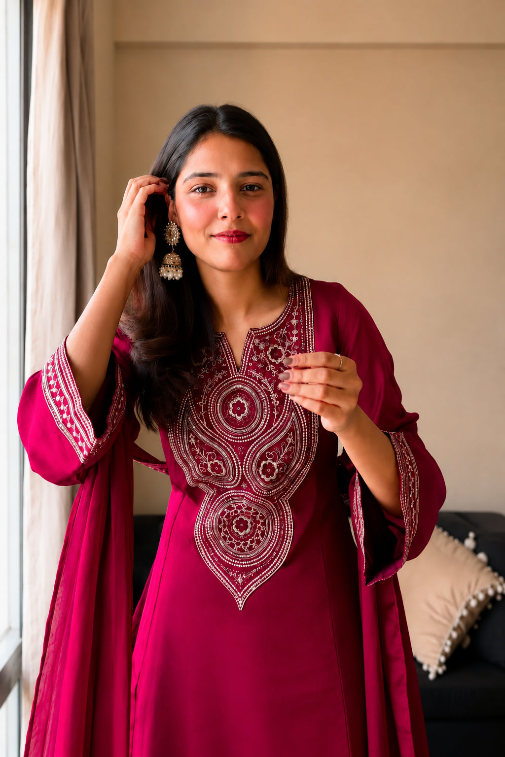 Embroidered Wine Sharara Set