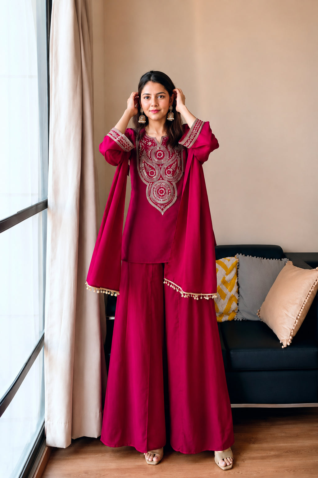 Embroidered Wine Sharara Set