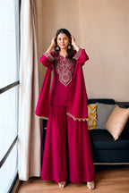 Embroidered Wine Sharara Set